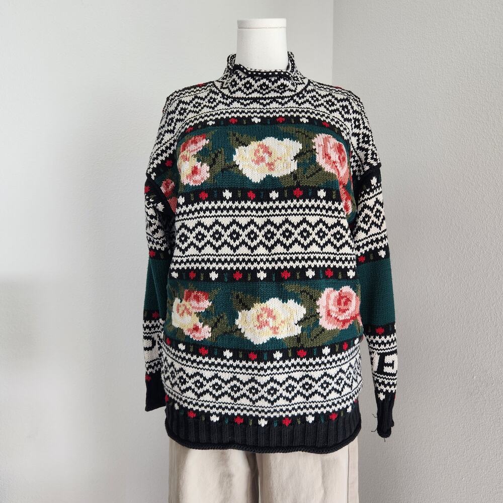 Vintage 90s Express Tricot Knit Sweater Floral Fair Isle Mock Neck M - Picture 2 of 10